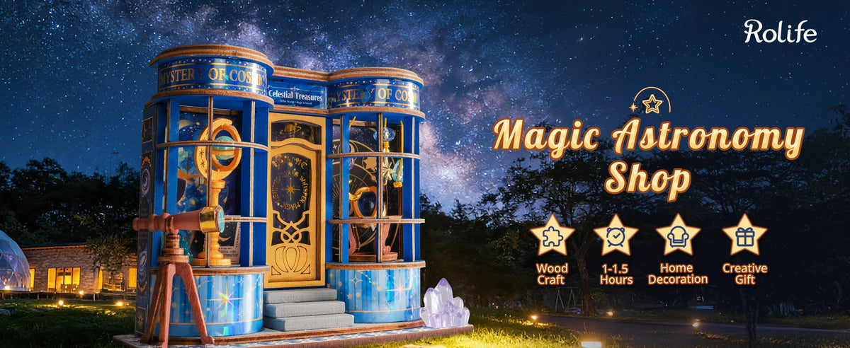 Rolife DIY Miniature House Kit Magic Astronomy Shop Dollhouse Model Building Kit Wooden 3D Puzzle Toys with LED for Home Decor