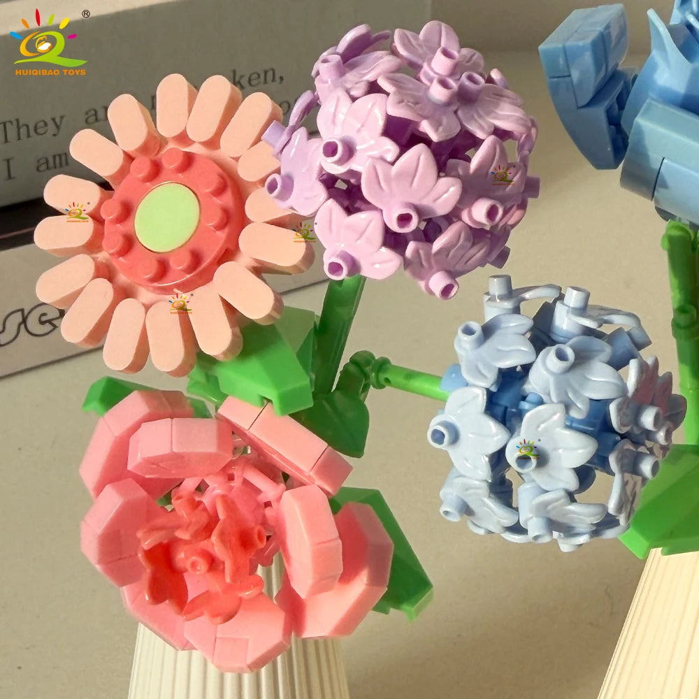 HUIQIBAO MOC Eternal Flower Bouquet with pot Micro Building Block Sunflower Rose Mini Model Brick Toy home Desk Decoration