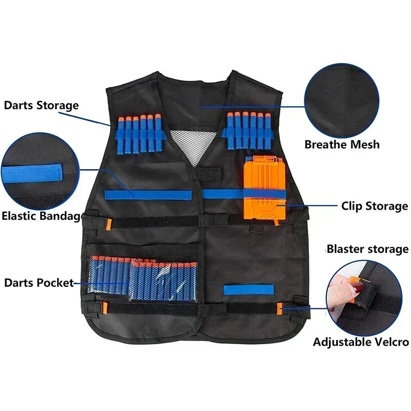 Kids Tactical Vest Kit for Nerfs Toy Guns Series with Refill Darts Reload Clips Tactical Mask Wrist Band and Protective Glasses