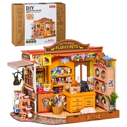 Rolife DIY Miniature House Kit Pet Store Dollhouse Wooden 3D Puzzle Model Building Kit with LED Light for Home Decor Suitable for Adults and Kids