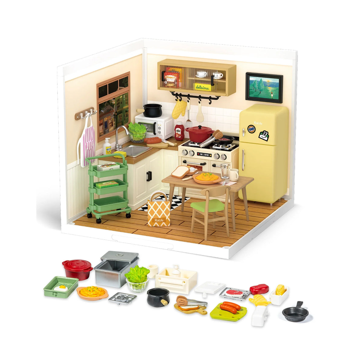 Rolife DIY Miniature House Kit Happy Meals Kitchen Super Creator Dollhouse 3D Puzzle Model Building Kit with LED for Desk Decor