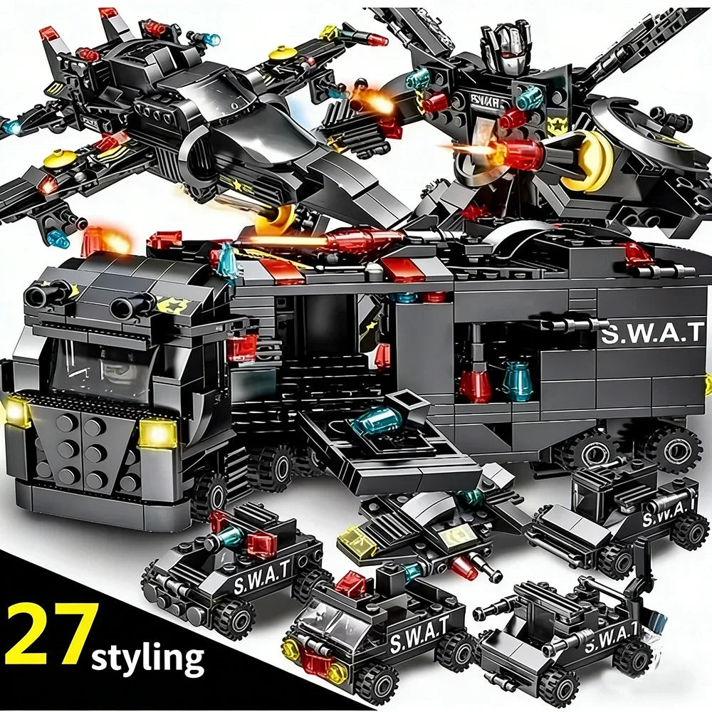 8-in-1 SWAT 585-Piece Set: Police Command Truck and City Helicopter Building Block Kit – Educational Gift Toys