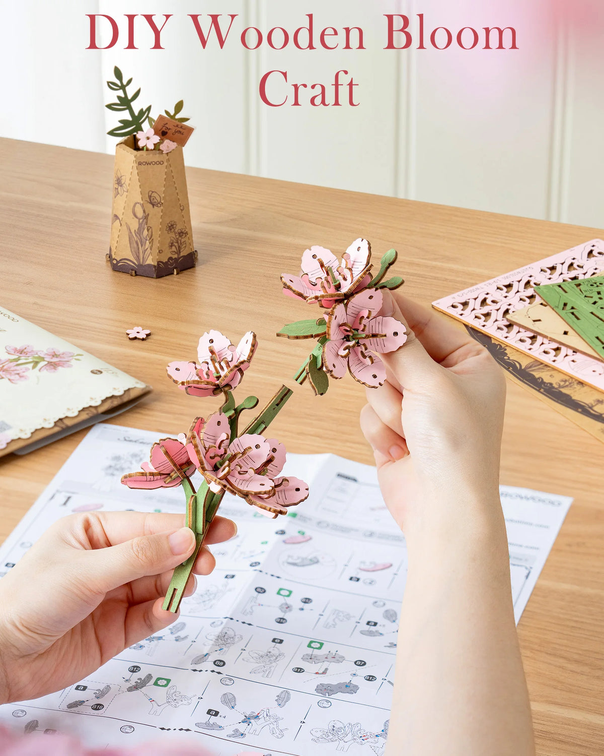 Rolife Wooden 3D Puzzle Sakura Artificial Flower DIY Model Building Kit for Bookshelf Decor Valentine's Day Mother's Day Gift