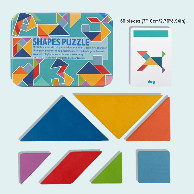 Creative colorful Iron Box Tangram, Children's Early Education, Heart / Egg-Shaped Nine Tangrams, Wooden DIY Large Puzzle Toy