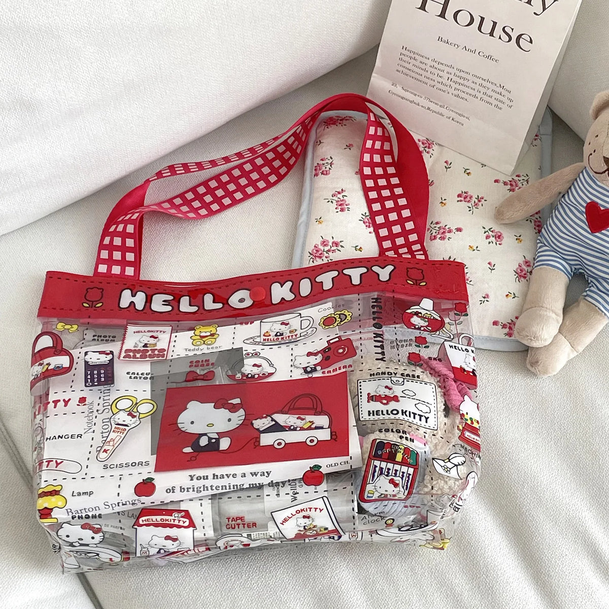 Sanrio KT Cute Cartoon Transparent PVC Makeup Bag Large Capacity Portable Handbag Style Cosmetic Storage Pouch Storage Bag