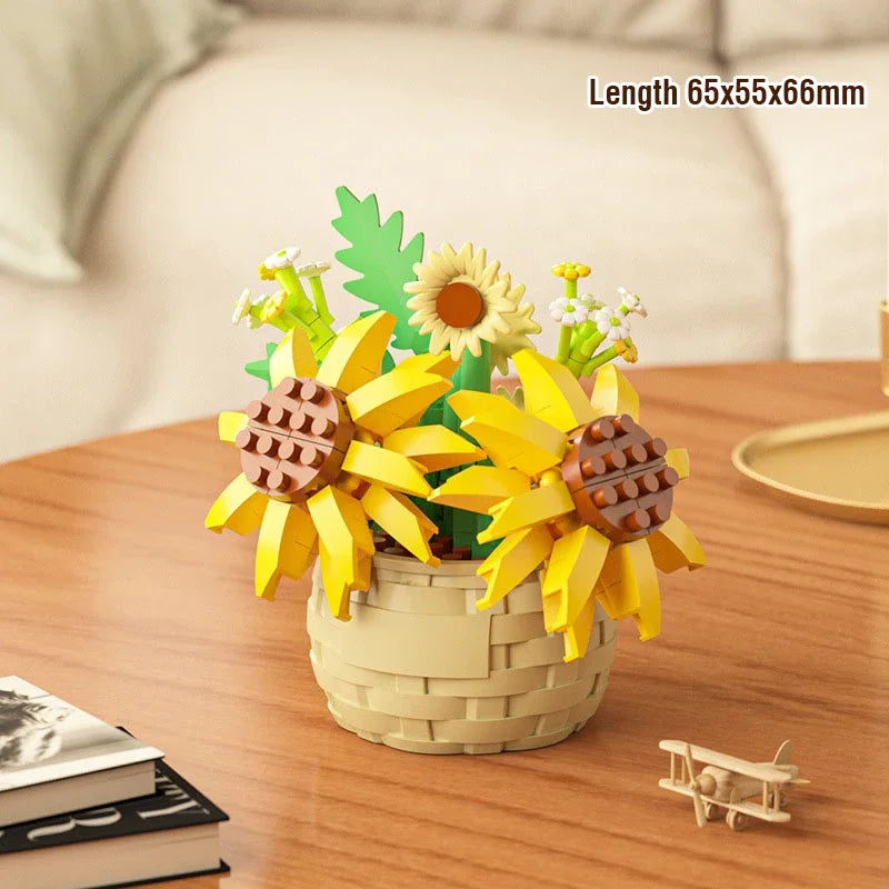 DIY MOC Potted Rose Sunflower Plants Succulents Bonsai Tree Gardens Romantic Building Blocks Model Bricks Kid Sets Kits Toy Girl