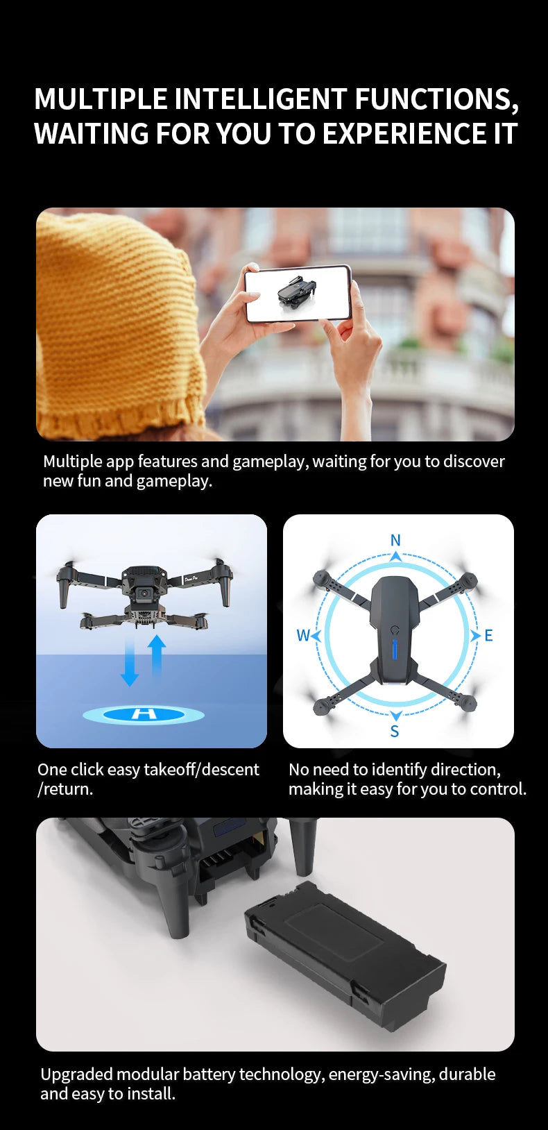 E88 Pro Foldable Drone Dual HD Camera Optical Flow Positioning 2.4G Signal 100M Remote Range One Key Takeoff Landing Return Outdoor Aerial Drone