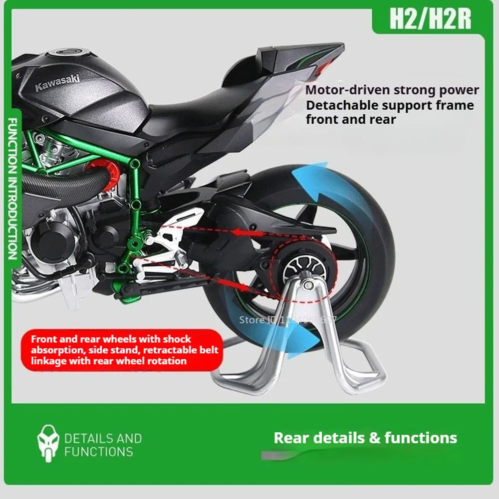 1:9 Scale H2R Motorcycle Model Toy Car Alloy Body Ignitable Start Spray Motor Models Shock Absorption Vehicles for Boys Toys