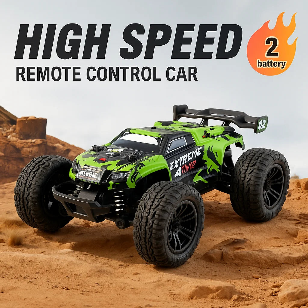 Hot RC High-Speed Off-Road Car for Kids & Adults - Alloy Green/Red, LED Headlights, Red Remote Control. Perfect for Indoor & Out