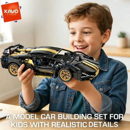KAVOWORLD 1:14 Scale Supercar Building Blocks Set 1280PCS Black Gold Sports City Car Building Toy with Movable Tail Openable Cockpit DIY Construction Model Kit Perfect Birthday Christmas Gifts