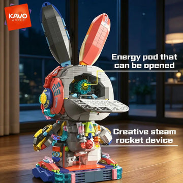 KAVOWORLD 1377PCS Robot Rabbit Building Blocks Set LED Light Up Multi-Point Rotatable Detachable Base DIY Cyberpunk Mecha Building Rabbit Bricks Kit Mechanical Bunny Construction Toy for Home Office Desk Decor Christmas Birth