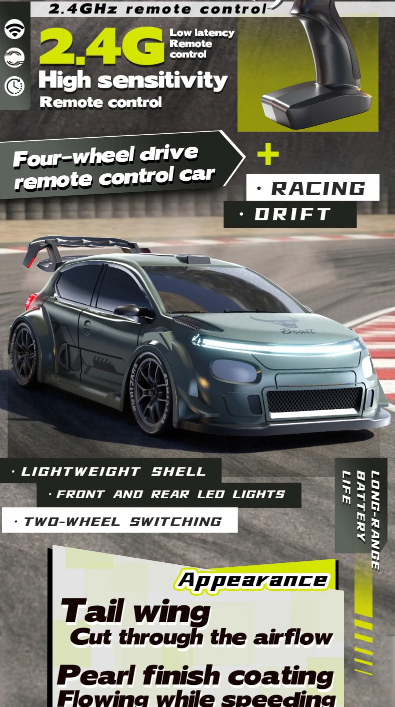 1:24 Scale 4WD Drift RC Car 2.4G Remote Pearl Finish Large Tail Fin Replaceable Racing Drift Wheel Front Rear LED Light Toy Car