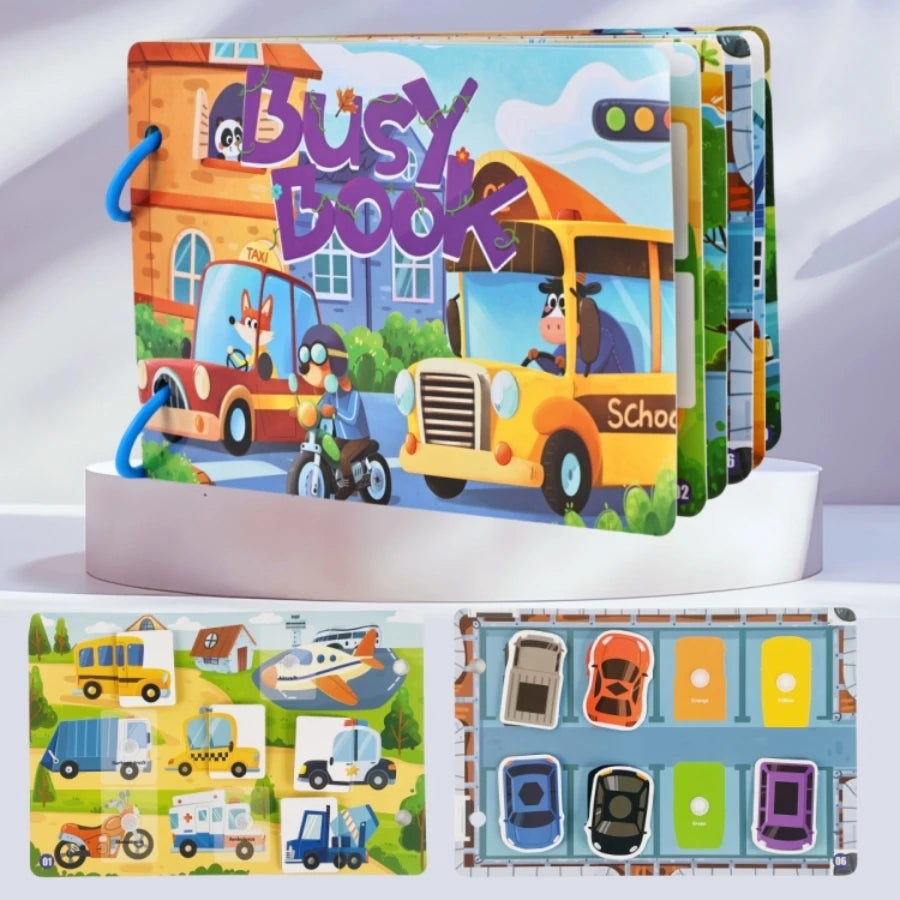 Children's Early Education Interactive Activity Book, Reusable Traffic-Themed Quiet Book, Vehicle Cognitive Recognition Shape and Color Matching Puzzle Game, DIY Toy to Develop Hands-On Skills, Suitable as a Holiday Gift for