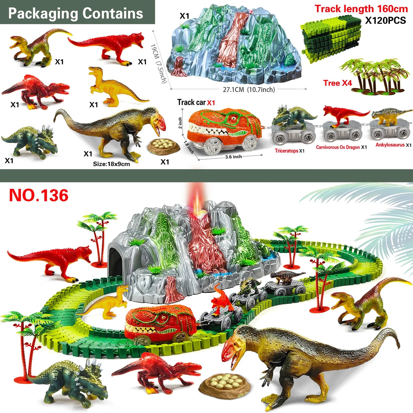 Dinosaur Toys for Kids Mist-spouting Volcano And Climbing Track Train Kit Toys for Boys/Girls Home schoolers Gift for Party Deco
