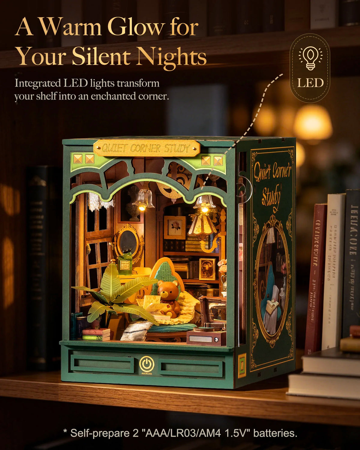 Rolife Quiet Corner Study DIY Book Nook Kit 185-piece 3D Puzzle Toys with Warm LED Light for Bookshelf Decor DIY Miniature House Molde Building Kit Gift for Book Lovers