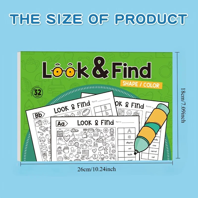 32-Page Search-And-Color Activity Book, Fun Focus and Attention Exercises, Educational Early Learning Tool for Home and School Use