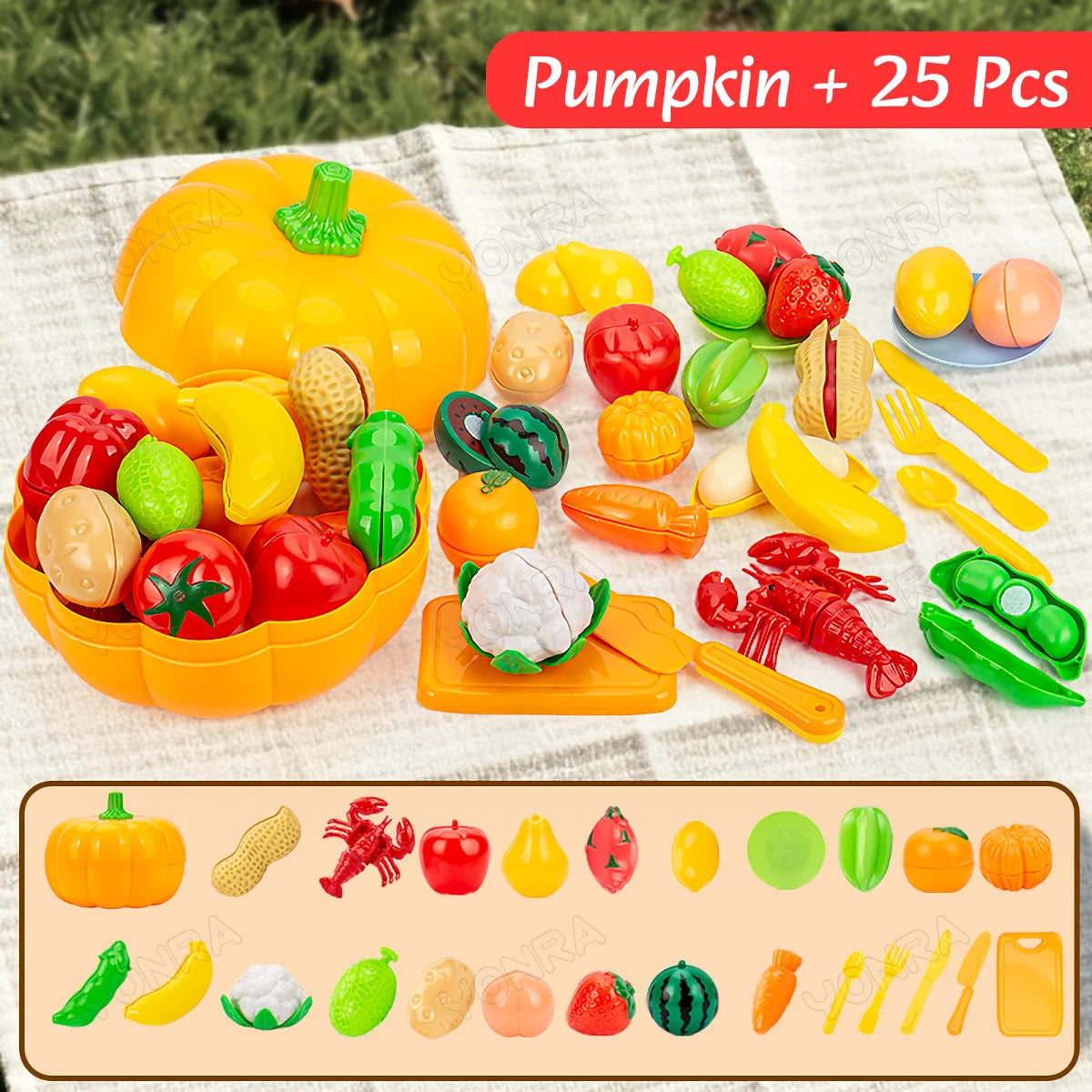 Cutting Play Food Toy for Kids Kitchen Pretend Fruit &Vegetables Accessories with Shopping Storage Basket Toy for Toddler Gift
