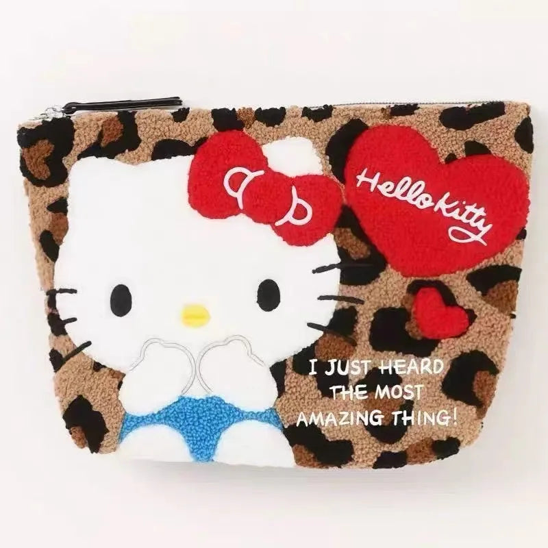 NEW Hello Kitty Leopard round Plush Storage Bag Black Leather Kitty cat Coin Wallet Makeup Travel Storage Large capacity BagGift