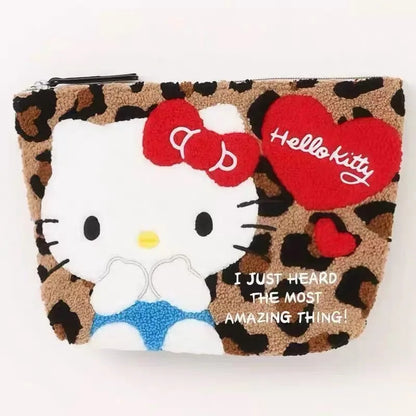 NEW Hello Kitty Leopard round Plush Storage Bag Black Leather Kitty cat Coin Wallet Makeup Travel Storage Large capacity BagGift