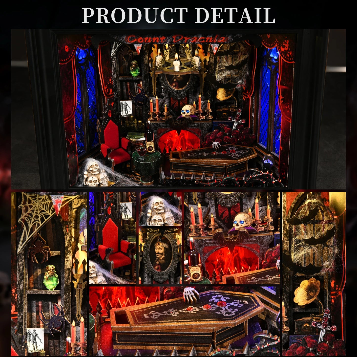 Book Nook Kit Vampire DIY Wooden Puzzle Dracula Gothic Style Halloween Bookshelf Dollhouse Model Bookend Building Home Dec