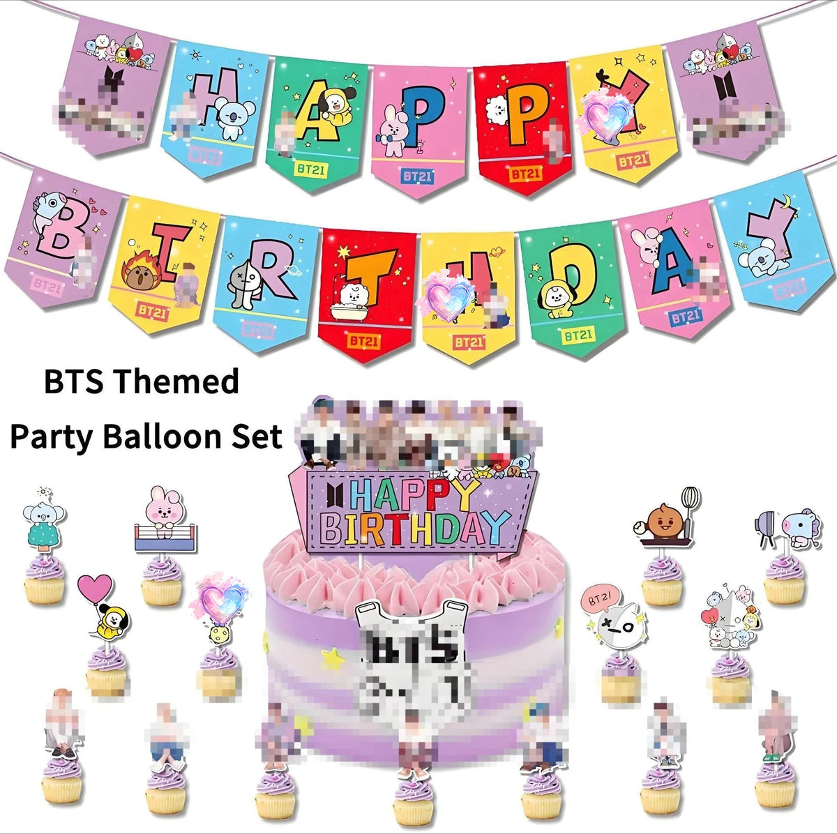 BT21 Party , Birthday Flag Raising and Balloon Decoration Set, Birthday Party and Holiday Supplies