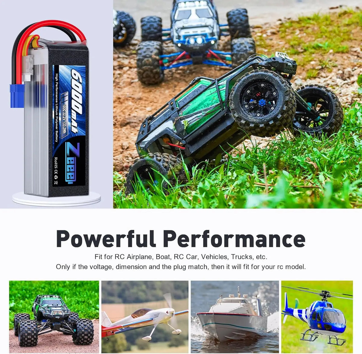 Zeee 6S 6000mAh Lipo Battery 22.2V 100C Softcase with EC5 Plug Lipo Battery for RC Car RC Airplane RC Helicopter RC Model Parts