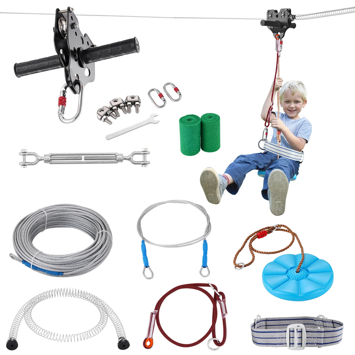SucceBuy Zipline Kit for Kids Adult 160ft Zip Line Kits Up to 500 lbs with Stainless Steel Zipline Spring Brake Safety Harness