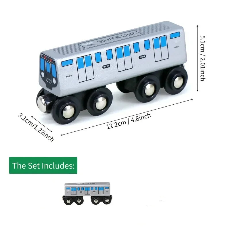 Wooden Toy Trains With Extended Silvery Body And 8-Wheel Design, Compatible With Major Wooden Train Track Brands