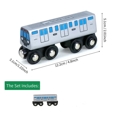 Wooden Toy Trains With Extended Silvery Body And 8-Wheel Design, Compatible With Major Wooden Train Track Brands