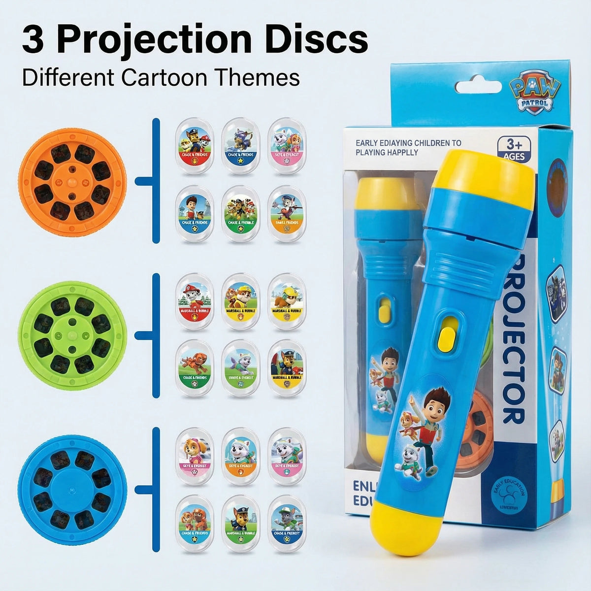 Paw Patrol Flashlight Projector Toy 3 in 1 Kids Torch Lamp Night Light Cartoon Animation Patterns Birthday Gift for Boys Girls