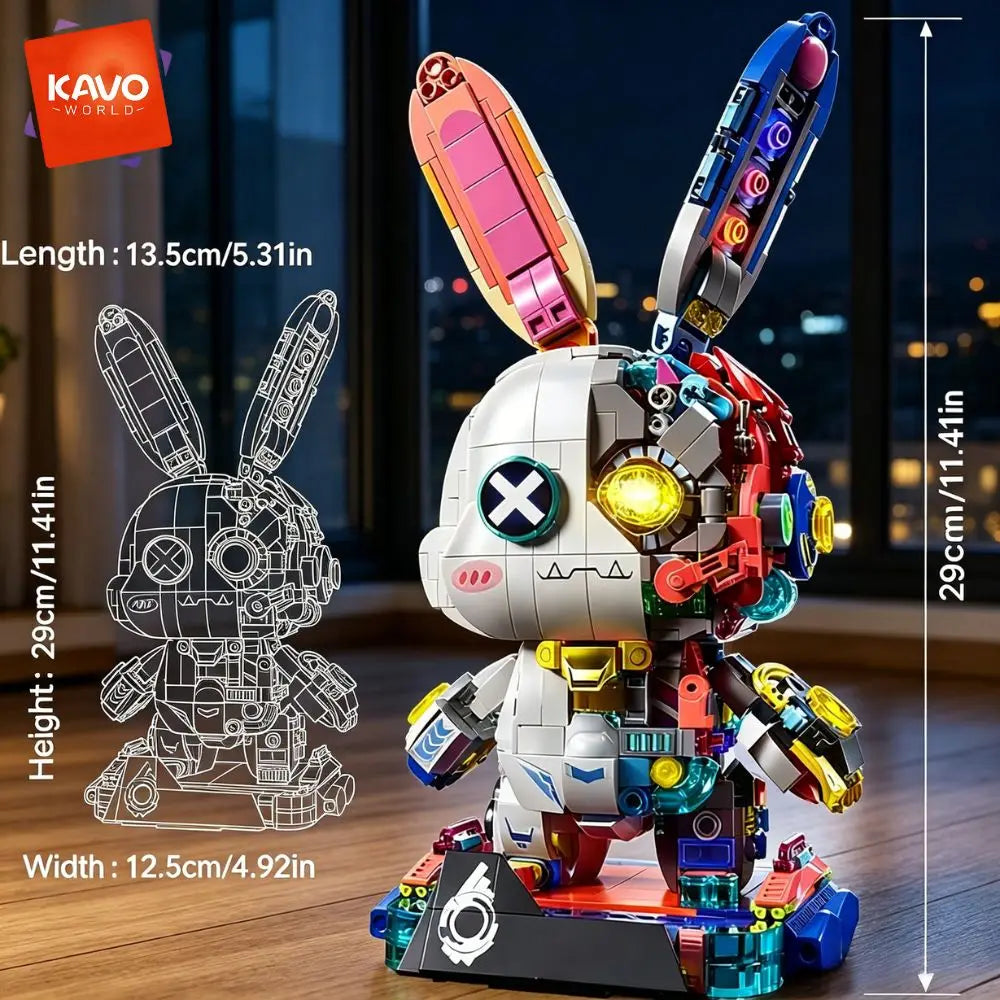 KAVOWORLD 1377PCS Robot Rabbit Building Blocks Set LED Light Up Multi-Point Rotatable Detachable Base DIY Cyberpunk Mecha Building Rabbit Bricks Kit Mechanical Bunny Construction Toy for Home Office Desk Decor Christmas Birth