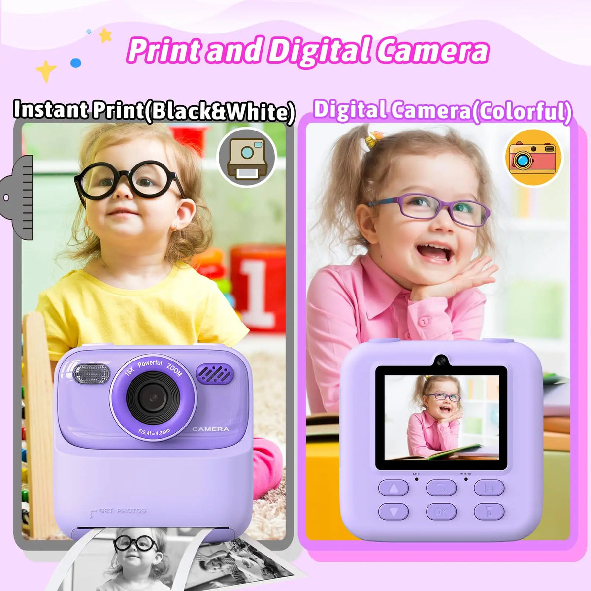 Kids Digital Camera 1080P Vedio Thermal Instant Print Camera With 32G For Girls Boys Age 3-12 Best Christmas Birthday Gifts