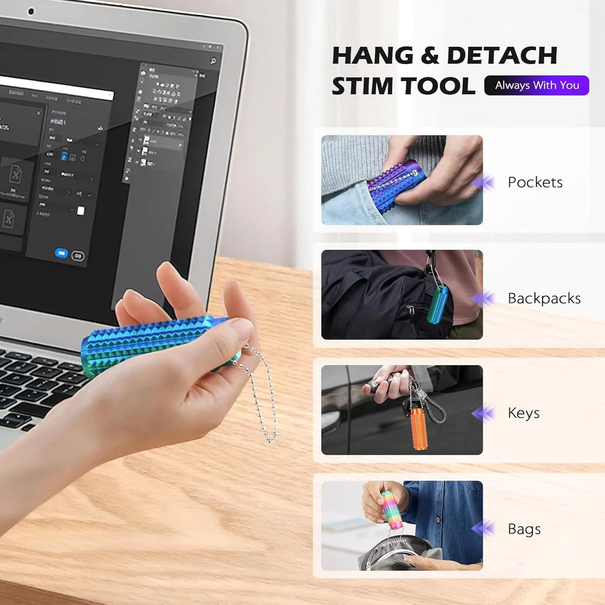 Pain Stim Fidget Anxiety Relief 3D Printed Spiky Grippie Stim Keychain for Stress Relief & Focus, Novelty Gift for Adults & Teen