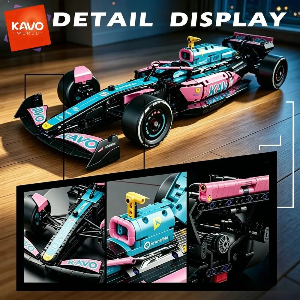 KAVOWORLD 1:8 Pink-blue Formula Racing Car Building Block Kit 1768pcs Technical Mechanical Racing Bricks Set DIY Construction Vehicle Toy with Steerable Wheels Openable Cockpit Simulated Engine for Home Office Display Christm