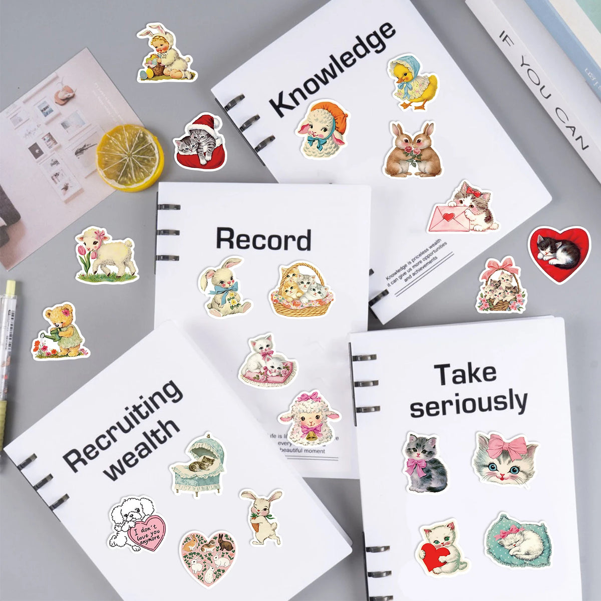 50Pcs Vintage Animals Clipart Stickers Cat Rabbit for Laptop Scrapbook Waterproof Cartoon Graffiti Decals Cute Sticker Toys