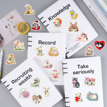50Pcs Vintage Animals Clipart Stickers Cat Rabbit for Laptop Scrapbook Waterproof Cartoon Graffiti Decals Cute Sticker Toys