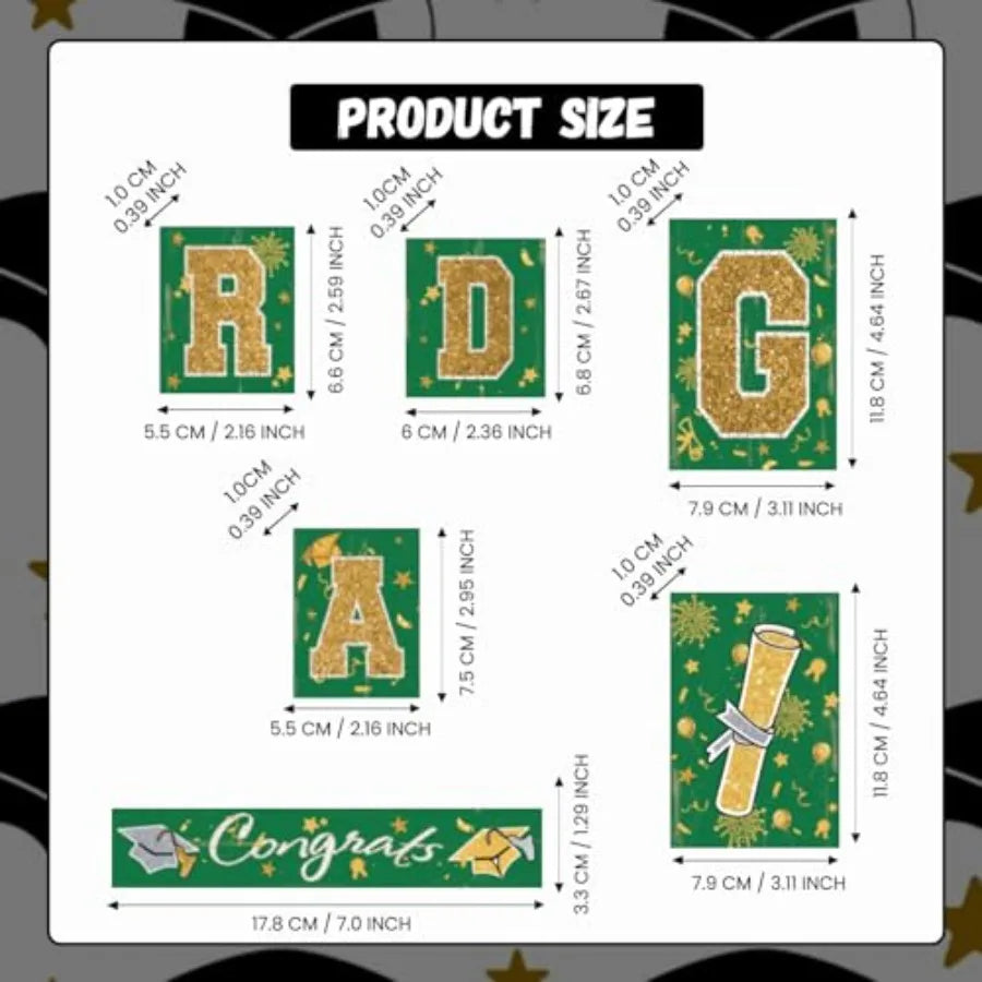 Graduation party tabletop decor set: wooden blocks in green and gold, glittered letter blocks with 'Congrats' banner and tie tr