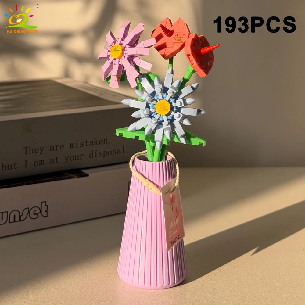 HUIQIBAO MOC Eternal Flower Bouquet with pot Micro Building Block Sunflower Rose Mini Model Brick Toy home Desk Decoration