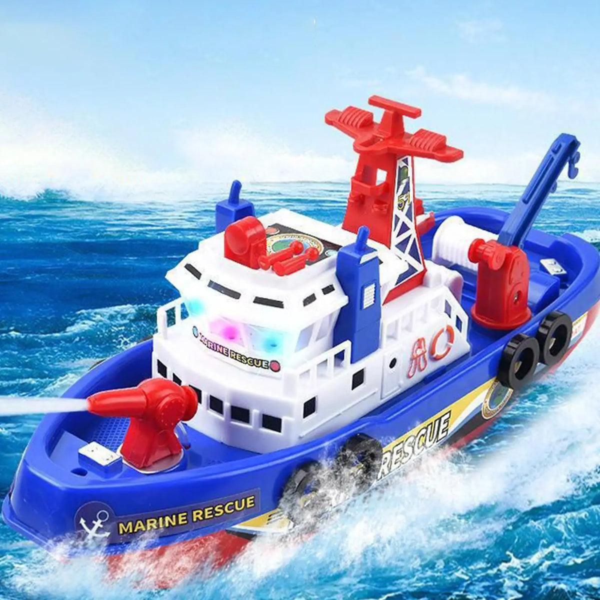 Kids Electric Marine Rescue Boat Toy Fire Fighting Bath Toy with Light Music and Water Spray, Floating Ship for Pool & Tub