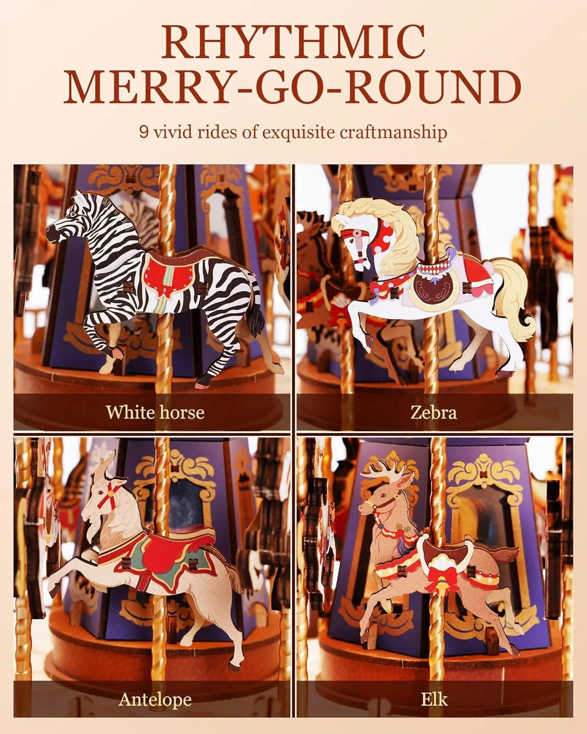 Rolife DIY Music Box Mechanical Model Building Kit Classic Carousel 3D Puzzle Toy Craft Kit with LED Light for Home Decor Gift for Adults Friends