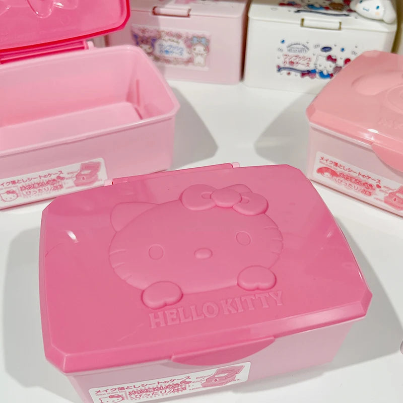 Sanrio Hello Kitty Melody Storage Box Cartoon Kt Cat Flip Cover Cotton Swabs Cotton Pads Stationery Organisation Boxs Gifts