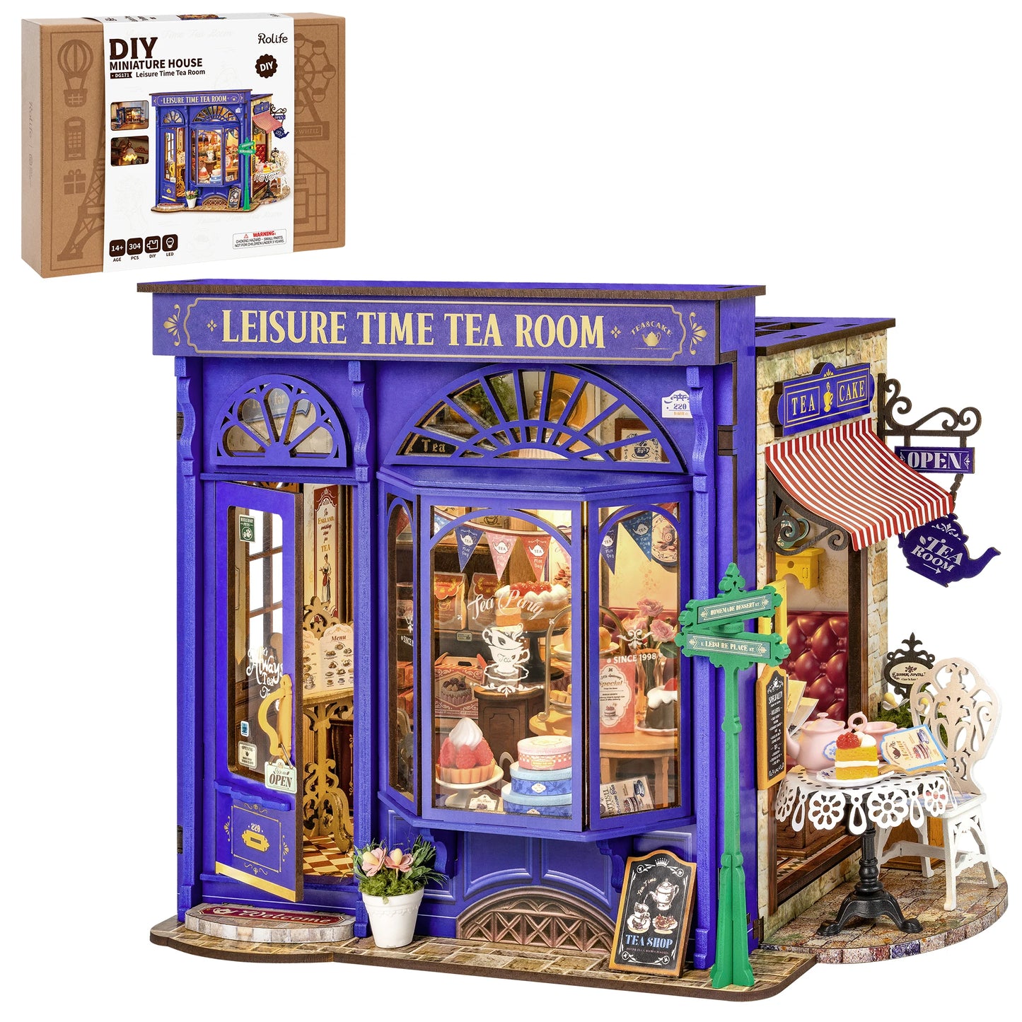 Rolife DIY Miniature House Kit Leisure Time Tea Room Mini Dollhouse Building Set with LED Wooden 3D Puzzle for Home Desk Decor