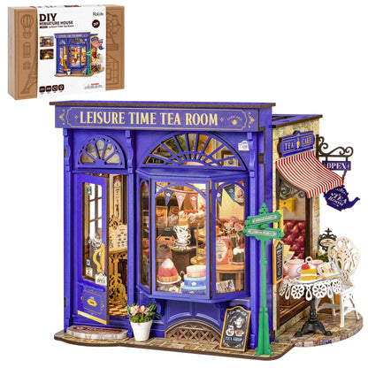 Rolife DIY Miniature House Kit Leisure Time Tea Room Mini Dollhouse Building Set with LED Wooden 3D Puzzle for Home Desk Decor