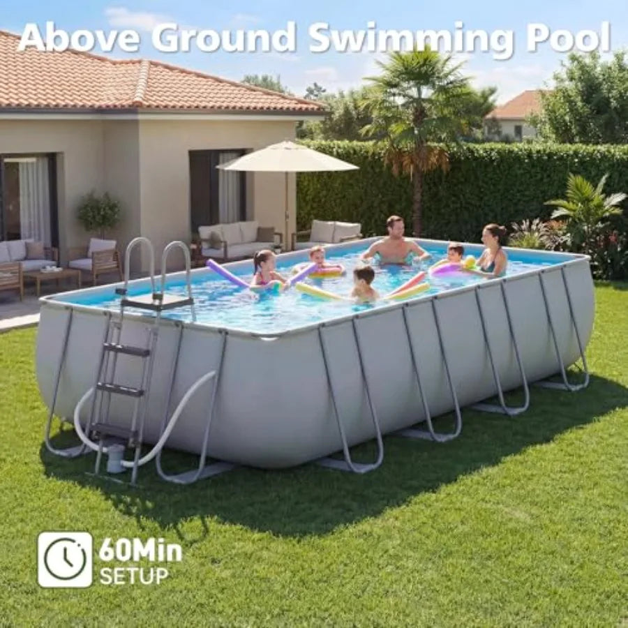 20' x 11' x 47 Rectangular Frame Pool Set with Sand Filter Pump and Removable Ladder Large Swimming Pool for Backyard Gray