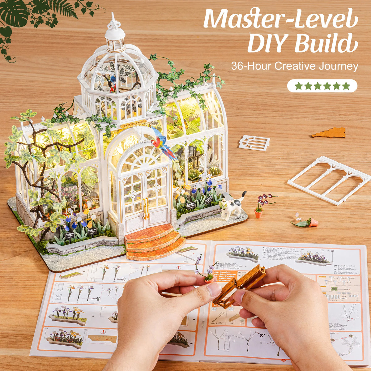 Rolife Wooden Dollhouse 3D Puzzle Oxygen Oasis DIY Craft Kit with LED Light for Home Decor Brain Teasers Jigsaw Toys Holiday Gift for Adults Girls