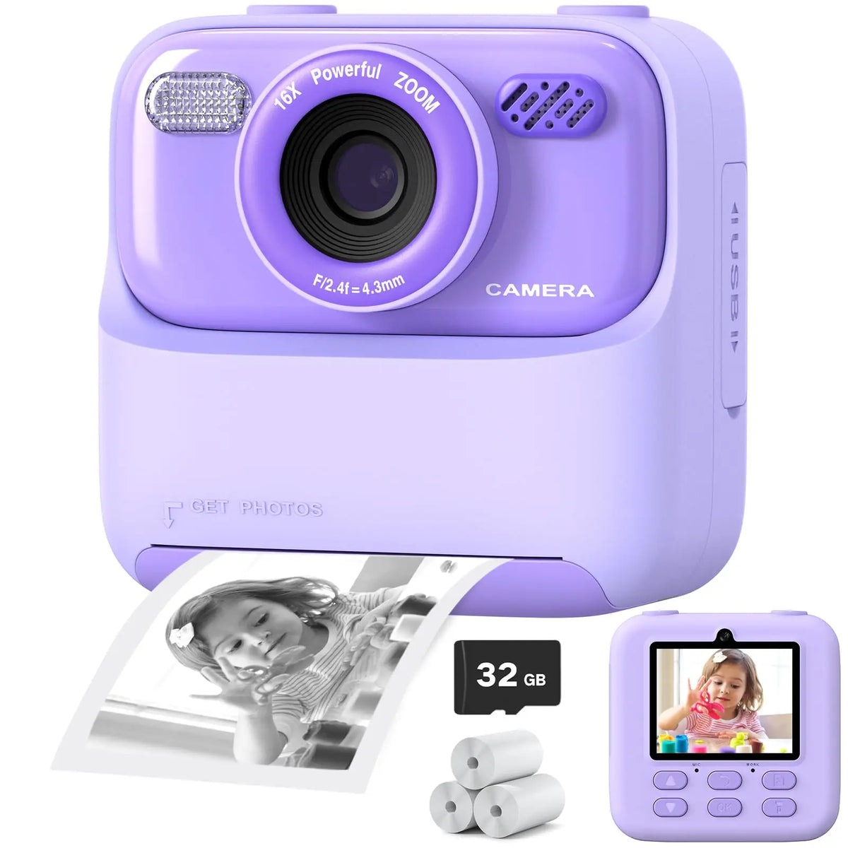 Kids Digital Camera 1080P Vedio Thermal Instant Print Camera With 32G For Girls Boys Age 3-12 Best Christmas Birthday Gifts