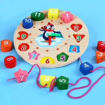 Wooden Blocks Puzzle Shape Number  Color Sorting Clock Montessori Toys for Kids Early Education Penguin Patterns Time Learning