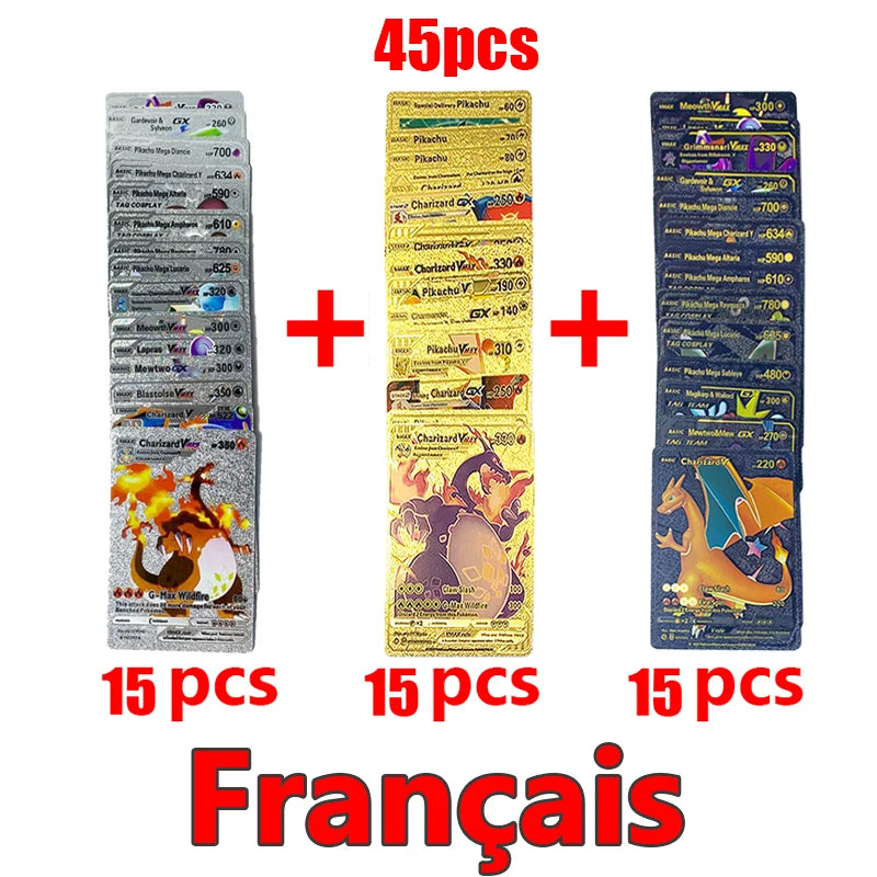81-15Pcs Pokemon Cards Gold Silver Vmax GX Card Collection Battle Trainer Card Spanish English French Child Toys Christmas Gifts