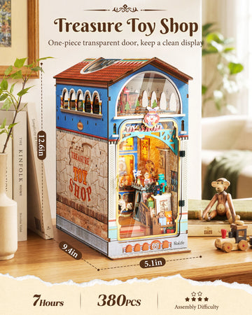 Rolife DIY Book Nook Kit 3D Puzzle Treasure Toy Shop Wooden Bookends Craft Kit with LED Light for Bookshelf Decor Brain Teasers Dollhouse Jigsaw for Holiday Gift