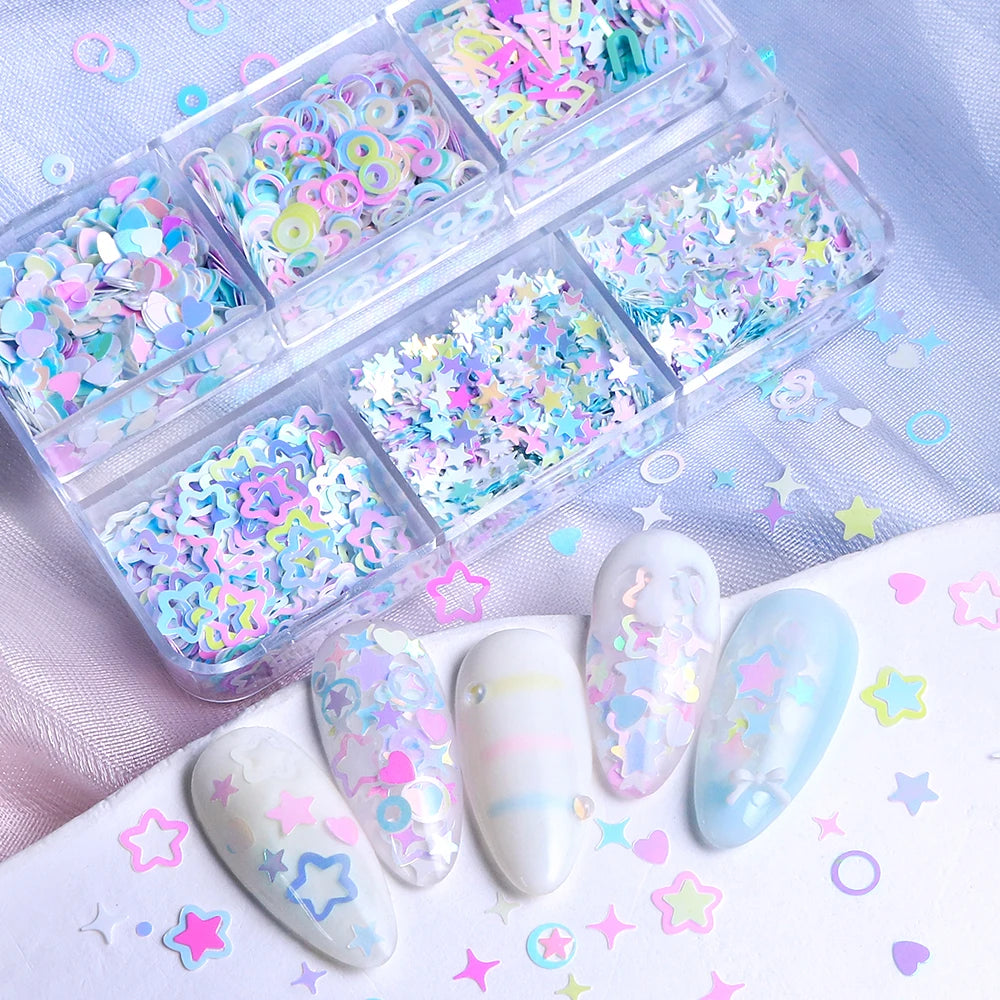 6 Grids Mermaid Stars Glitter Flakes Epoxy Resin Mold Filling English Alphabet Circle Love Heart Shape Sequins DIY Crafts Making